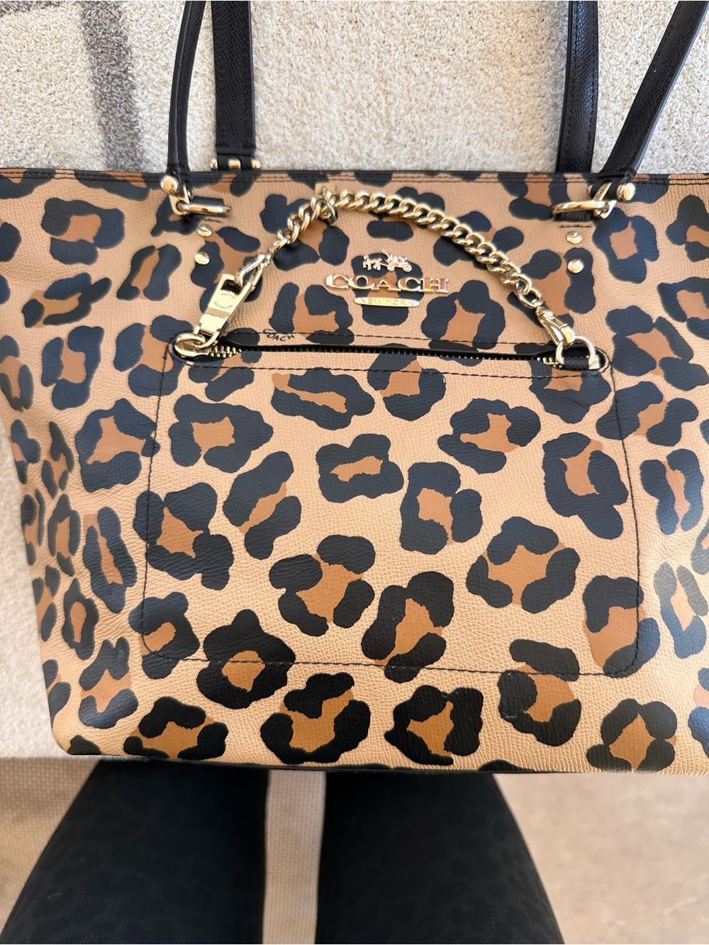 Coach Leopard-Print Tote in Brown and Black with Gold Chain Accent - Picture 2 of 14